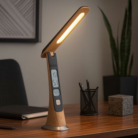 Lampada da tavolo LED touch dimmer lampada da tavolo orologio data batteria lampada da tavolo mobile, aspetto legno, 2W 140Lm bianco caldo-freddo, LxLxH 24,5x5,7x31,4 cm