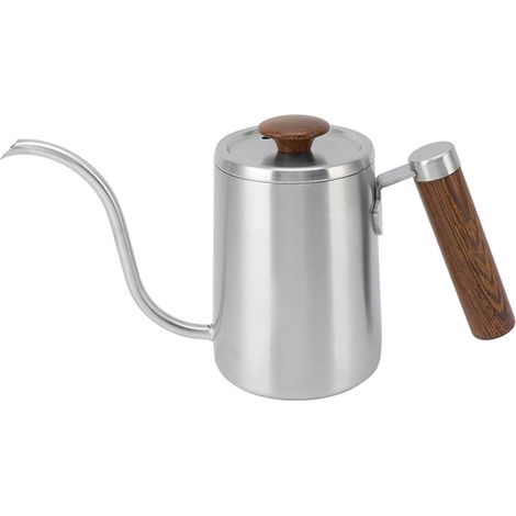 Bouilloire à café en acier inoxydable 304, bec étroit à col de cygne avec poignée en bois, 600ml, couleur de ponçage (1/5)