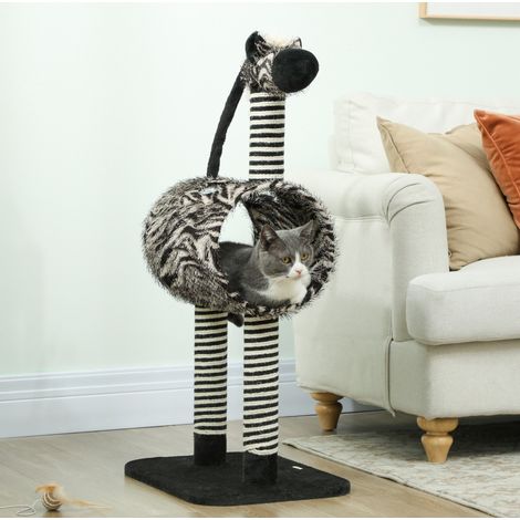 Rascador para gatos (48.5x35x93 cm), con túnel, diseño cebra, sisal, tablero de partículas, negro (1/5)