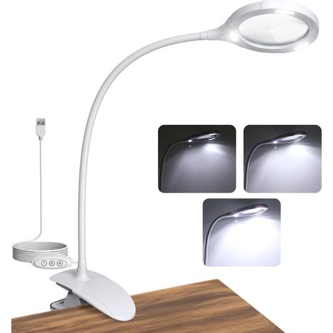 Lampe Loupe à Pince avec 15 Lumières LED Lampe de Bureau Interrupteurs Tactiles Col de Cygne Flexible en Silicone de 50cm Loupe Grossissante à Pince Acrylique pour Étude Lecture Couture (1/5)