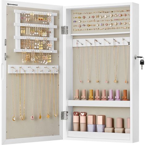 Songmics – Armoire à bijoux murale verrouillable avec miroir – Rangement compact 10 x 37 x 67 cm – Doublure en velours grège – Surface blanche