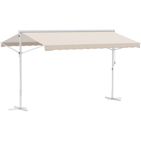 Tenda a doppia falda 4 x 3 m, retrattile, con inclinazione regolabile manualmente, in metallo verniciato a polvere epossidica bianca, in poliestere impermeabile e resistente ai raggi UV beige.