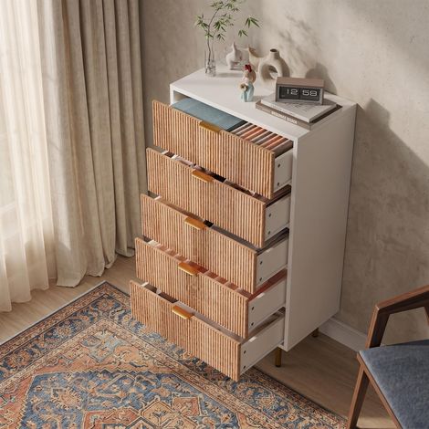 Kommode für Schlafzimmer mit 5 Schubladen, 60 L x 34 B x 110 H cm, Schubladenstauraum, Holzmöbel für Wohnzimmer, skandinavischer Stil, Natur