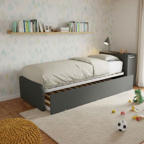 Letto singolo con secondo letto estraibile e testata testiera contenitiva - 80x190 - Basalto