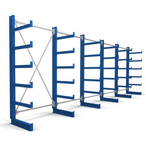 Rayonnage à bras en porte-à-faux STIER, simple, 5 travées avec 5 niveaux 6500x2000x500 mm, bleu gentiane (1/4)