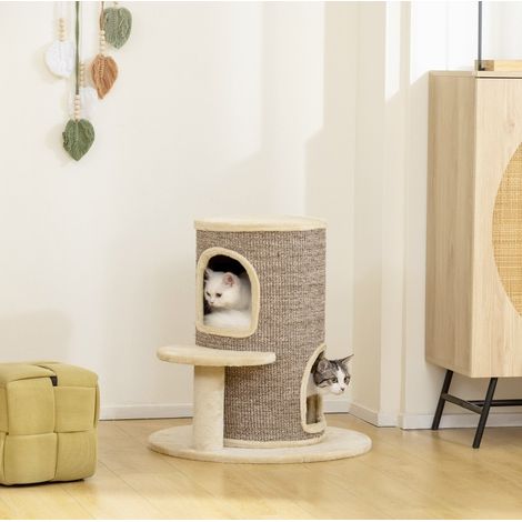Torre rascador para gato de 2 niveles, 60 x 60 x 61 cm, beige y marrón HAVRYA (1/5)