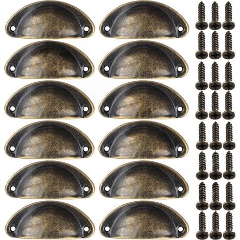 12pcs Poignées Vintage Boutons Tiroir Métal Coquillage pour Placard, Armoire, Commode, Cuisine, Laiton Ancien