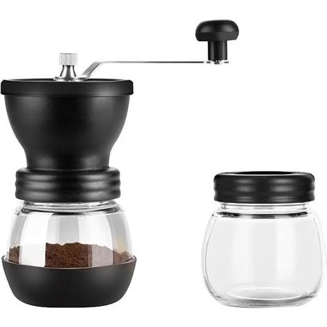 Manuelle Kaffeemühle, handbetriebene Kaffeemaschine, Gehäuse aus Glas, schwarz.