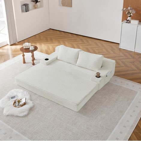 Divano letto convertibile 2 in 1 in velluto a coste con portabicchieri, tasche laterali e 2 cuscini, 180×85-170×62 cm, beige (1/5)