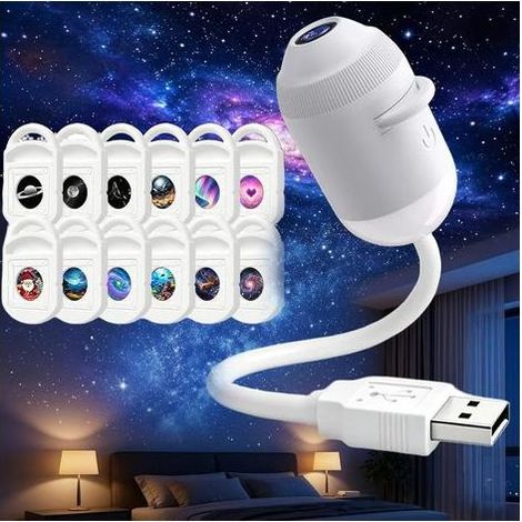 Projecteur veilleuse holographique dynamique 5D HD intelligent, projecteur USB avec 12 films de projection, Plug and Play, réglable à 360°, pour chambre d'enfant ou d'adulte, plafond, mur, blanc : 12 (1/5)