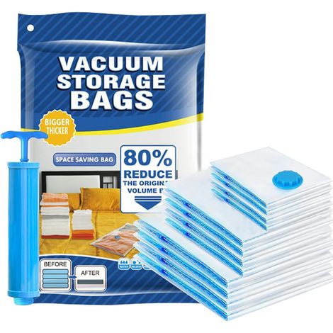 Paquete de 12 bolsas de vacío para ropa con bomba manual, bolsas de compresión XXL para viajes, ideales para edredones y mantas. (1/5)