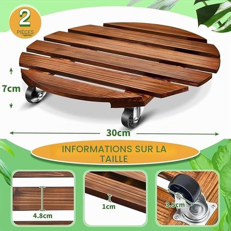 Support à Plantes en Bois 30CM Plateaux Rond Porte Mobile Chariot avec roulettes Métalliques Verrouillables pour Pot de Fleurs (1/2)