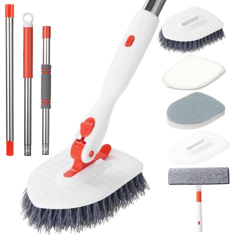 Brosse à récurer 4 en 1 avec Manche de 130 cm de Long, raclette de Nettoyage 2 en 1 pour fenêtre, 3 brosses à récurer, Brosse de Nettoyage pour Baignoire, Sol, Mur, plinthe (1/5)