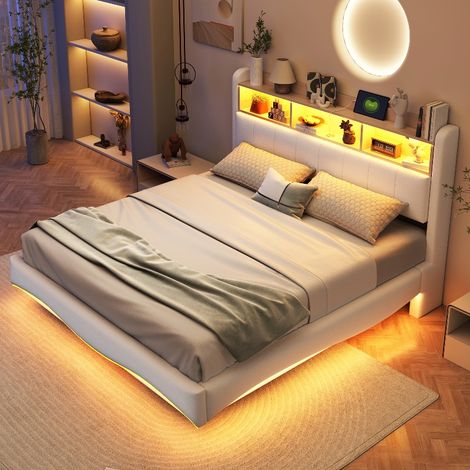 Lit suspendu 160x200 avec LED et rangement tête de lit, lit capitonné double en lin beige avec port USB et chargeur Type-C (1/5)
