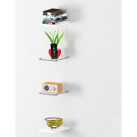 Set aus 4 Wandregalen Holz und Glas Design Wohnzimmer Joy Wall