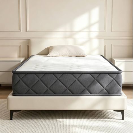 Matelas en mousse à mémoire de forme 90x190 cm pour 1 personne, housse en tissu tricoté blanc/gris (1/5)