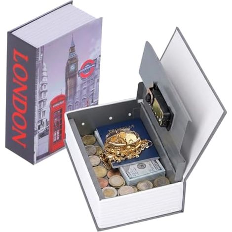 Coffre-fort livre à combinaison, 18 x 12 x 5,5 cm, modèle London Clock, boîte de rangement secrète avec serrure pour argent et bijoux. (1/4)