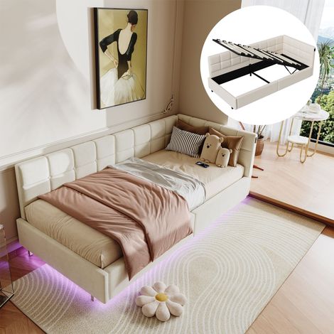 BLANKETSWARM - Lit coffre simple 90x200 cm, lit simple capitonné avec sommier à lattes - Éclairage LED réglable - Ports USB intégrés, Velours, Beige (1/5)