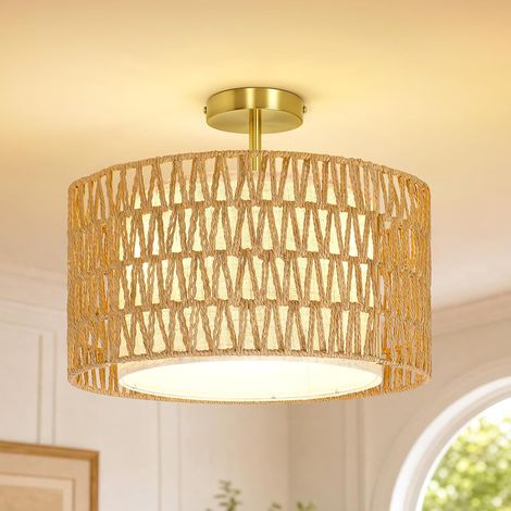 Plafonnier Boho en Rotin, 3 Points Lumineux, Ø43 cm, Doré Rotin naturel extérieur, abat-jour intérieur en tissu, pour salon, chambre, salle à manger, cuisine et entrée, 3 × E27 (1/5)