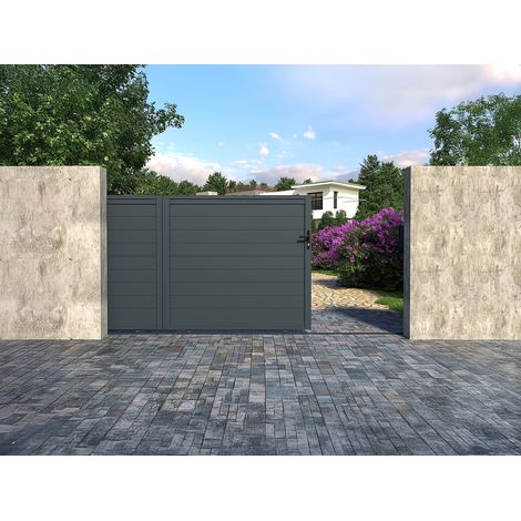Vente-Unique – Portail coulissant aluminium plein 374 x 165 cm gris anthracite – Résistance au vent jusqu’à 72 km/h – Mécanisme manuel inclus (1/5)