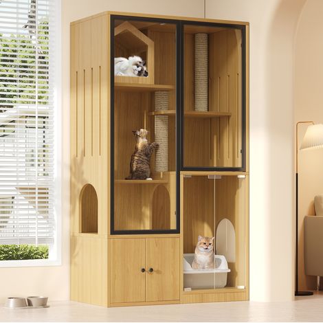 Cuccia per gatti 90x50x160 cm con porta in vetro, tiragraffi in juta e vano portaoggetti, in MDF, colore naturale (1/5)