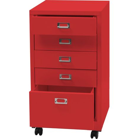Caisson à roulettes HHG-456, armoire à tiroirs acier armoire à dossiers, métal 75x40x41cm 5 tiroirs, rouge