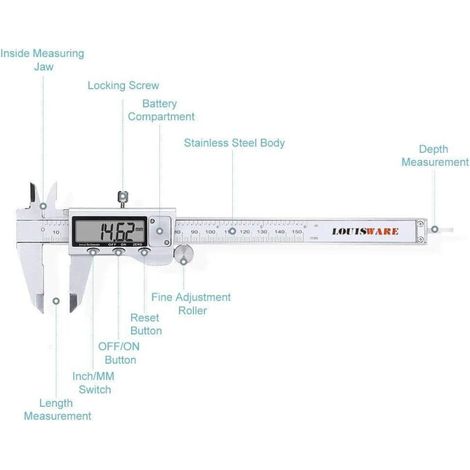 Pied à coulisse électronique numérique Rosimo en acier inoxydable 150 mm Outils de mesure avec écran LCD extra-large Conversion pouces/métrique (1/4)