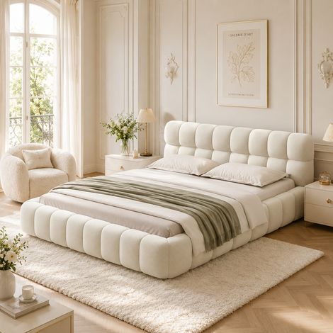 Lit 160 x 200 - Lit double 160 x 200 - Lin beige - Lit capitonné avec dossier moelleux - Lit adulte style scandinave - Sommier à lattes (1/5)