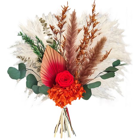 Bouquet de fleurs séchées haut de gamme composé d'un mélange de fleurs naturelles et de fleurs préservées, notamment des roseaux de la pampa et des roses. [002] (1/2)