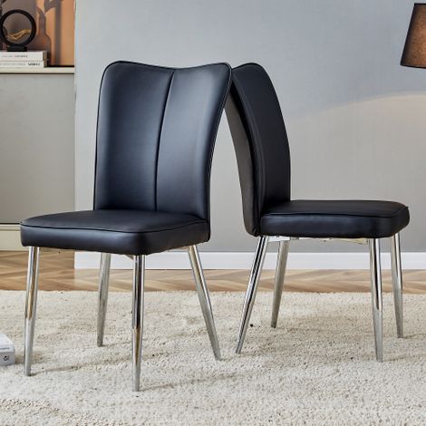 Chaises de salle à manger de style moderne, noires (Lot de 2) — Revêtement en PU noir, pieds en métal argenté — Adaptées aux bureaux, salles à manger et environnements similaires (1/4)