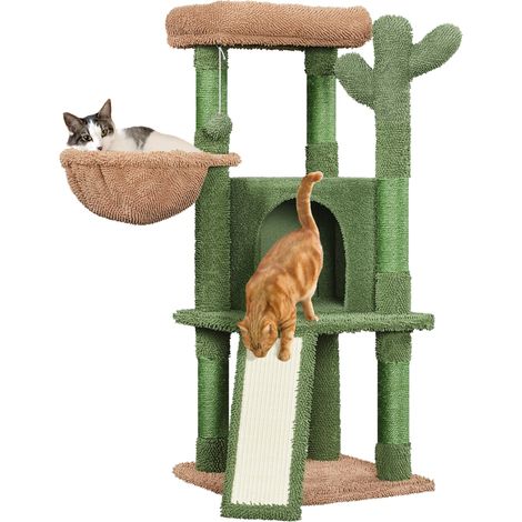 Homevive Árbol Rascador para Gatos Verde Cactus 42,5x42,5x106,5cm Torre para Gatos Árbol para Gatos Estable de Varios Niveles con Canasta Verde y Marrón