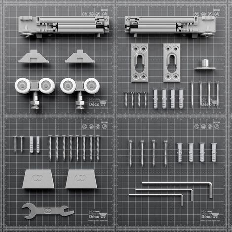 Mon Marché Déco – Kit quincaillerie pour rail de porte coulissante – 2 chariots à billes – 2 amortisseurs confort – Installation rapide et silencieuse