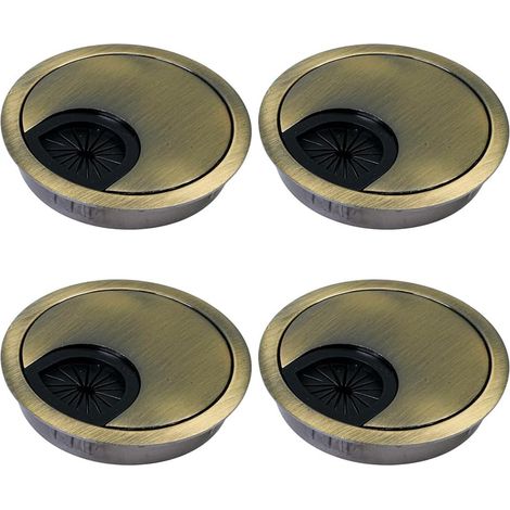 Lot de 4 passe-câbles de bureau - 60 mm - En métal - Avec passages en caoutchouc - Cache-câbles rond - Pour gestion des câbles, bureau et plan de travail - Montage facile (bronze vert vieilli) (1/5)