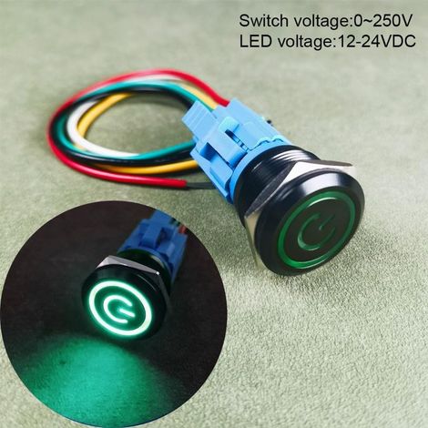 Gebildet 22mm Edelstahl-Verriegelungs-Drucktaster 12V-24V/5A Power Symbol 1NO1NC SPDT Wasserdichter Wippschalter mit Drahtbuchse (Grüne LED/Schwarzes Gehäuse) (1/4)