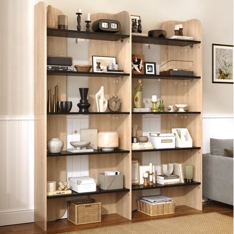 Libreria 160x135x25 cm, a 5 ripiani, design aperto, divisorio centrale, pannello truciolare, naturale nero (1/5)