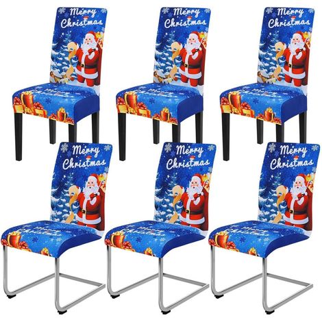Weihnachts Stuhlhussen 6er Set Blau Stretch für Esszimmerstühle Universal (1/5)