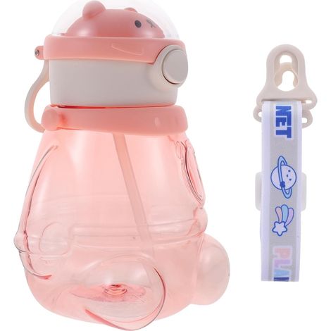 Gourde en plastique rose avec paille et motif ours, grande bouteille en plastique avec sangle, pour un usage quotidien et les activités de plein air (1/5)