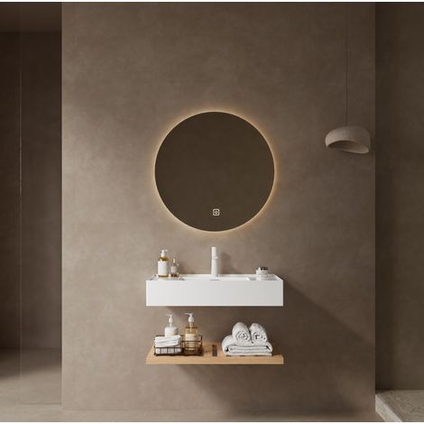 Waschtisch mit Harzbecken, Naturholz/Weiß, aus Resin mit Regal und integriertem Waschbecken (1/4)