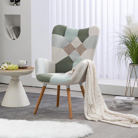 Meuble Cosy Fauteuil Scandinave Chaise de Canapé de Loisirs pour Salon Salle à Manger Bureau avec Un Revêtement en Tissu, Accoudoirs Rembourés et des Pieds en Bois Massif, Patchwork Vert, 68x50x106cm (1/5)