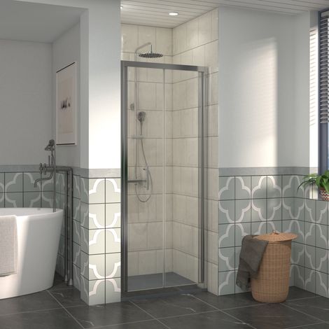 NRG 800mm Bathroom Bi- Fold Shower Door Chrome Framed with 800x700mm SMC Rectangle Shower Tray Anthracite (1/5)