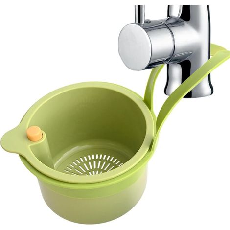 Set di 2 cestelli da cucina - Scolapiatti - Scolapiatti con meccanismo a pulsante - Scolapiatti per verdure per lavello - PET + ABS - Verde - Bianco (1/4)