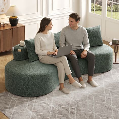 Divano in lino verde 240 cm con portabicchieri e tasche laterali