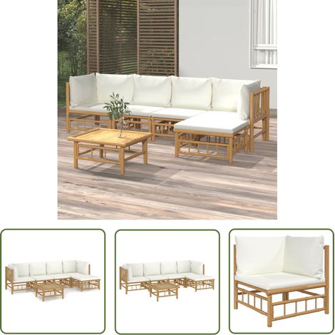 The Living Store Salon de jardin 6 pcs avec coussins blanc crème bambou - Salon De Jardin - Mobilier De Jardin - Ensemble De Salon - Ensemble De Meubles De Jardin - Bambu (1/5)