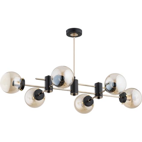 Alfa Sola 6-Light E14 Chandelier Ceiling Pendant, Black & Brass Gold Metal with Amber/Smoke Glass Globe Shades, Dimmable IP20, 96cm Wide, Modern for Living Room/Dining