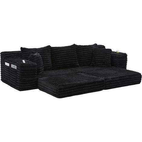 Canapé de salon en tissu côtelé avec fonction de compression d’assise, dossier haut et coussins supplémentaires, poches et porte-gobelets des deux côtés, modulable librement en canapé-lit, rembourrage (1/5)