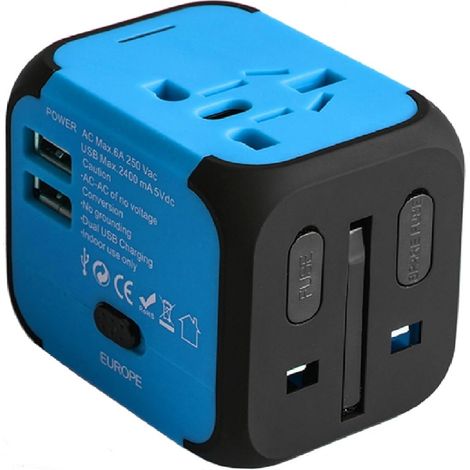 Adaptateur de Voyage Universel US EU UK AU avec 2 USB Ports et Fusibles pour Environ 150 Pays pour Tablette PC, Smartphones, Appareils Photos et Lecteurs MP3-Bleu (1/5)