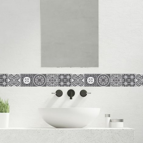 Frise adhésive autocollante 10 cm x 300 cm – Carrelage imitation carreaux de ciment gris – Décoration murale rétro – Facile à poser – Plage