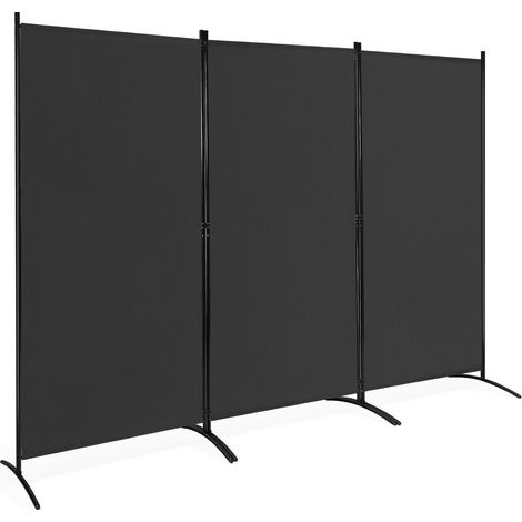 Paravent 3 panneaux pliable noir en polyester et acier avec charnières réglables et pieds courbés pour bureau, chambre et salon (1/5)