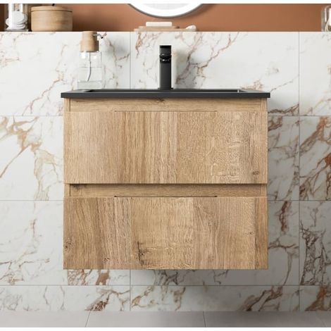 600mm Bathroom Cloakroom Vanity Unit Wall Hung 1 Tap Hole Basin Soft Close Oak (1/5)