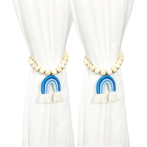 2 fermatende in perline di legno, fibbie magnetiche per tende con nappe, fermatende color arcobaleno con nappe, decorazione senza foratura (blu) (1/5)